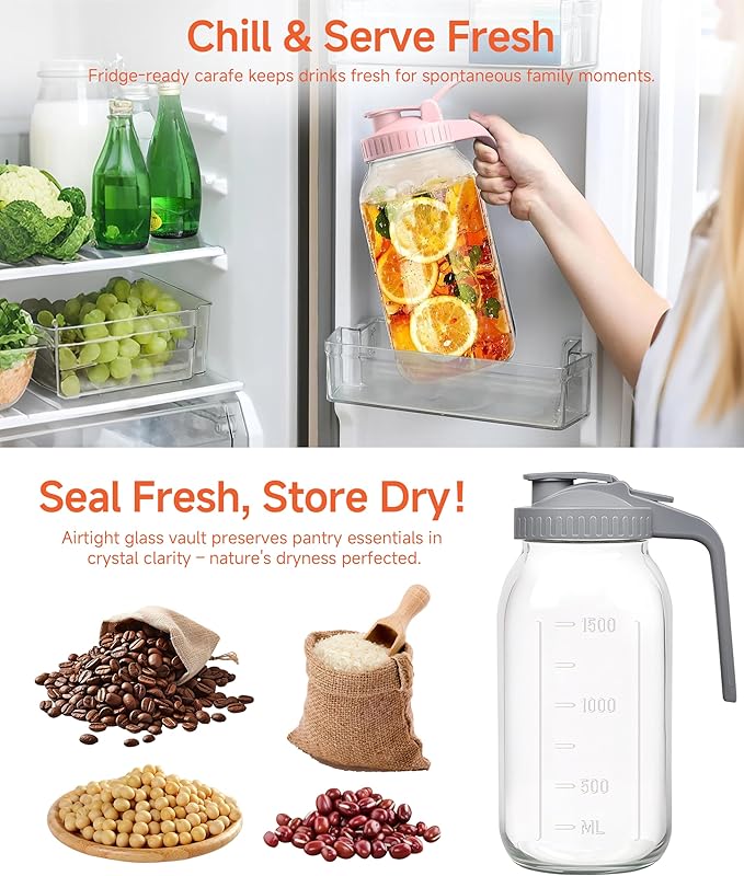 2 Quart Wide Mouth Glass Pitcher with Lid, 64oz Mason Jar Pitcher, Leak-proof Iced Tea Pitcher,Heavy Duty Container for Fridge Sweet Tea,Juice,Cold Brew Coffee,Breastmilk Storage Drinks-1PACK/Pink