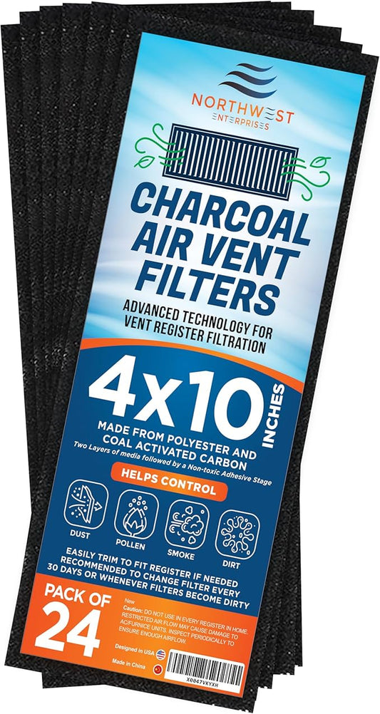 Activated Carbon Air Vent Filters for Home - 4" x 10" Dust Control Activated Charcoal Floor Vent Filters - Air Filter Freshener for Home Vents to Purify Indoor Air and Homes - (24-Pack)