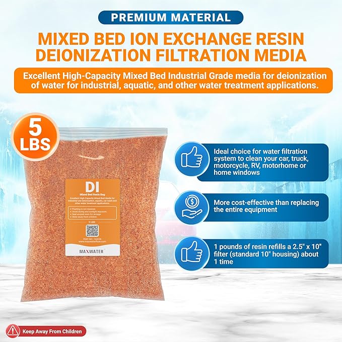 Max Water 5 lbs (3.15 Liter) Mixed Bed Virgin Grade Ion Exchange Deionization DI Resin Filter Cartridge Refill -Compatible with Water Filtration Systems for Window/Car Wash and Aquarium RODI Systems