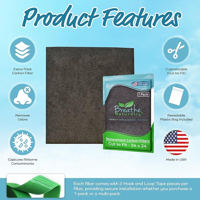 Breathe Naturally Universal Cut To Fit Carbon Activated Air Filter - Replacement Charcoal Filters - Pre Filter Carbon Sheet for Air Purifier, Vent Filters & More - Made in USA (Pack of 1, 24x24)