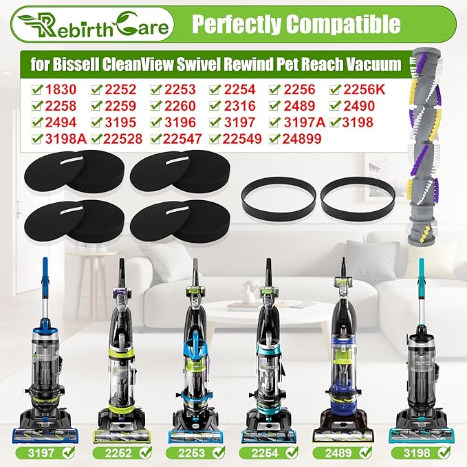 3197A Replacement Roller Brush for Bissell 2252 2253 2254 2489 Roller Brush&Filter&Belt for Bissell CleanView Swivel Rewind Pet Reach Vacuum Cleaner#1611230&1608225&1601972&1604947