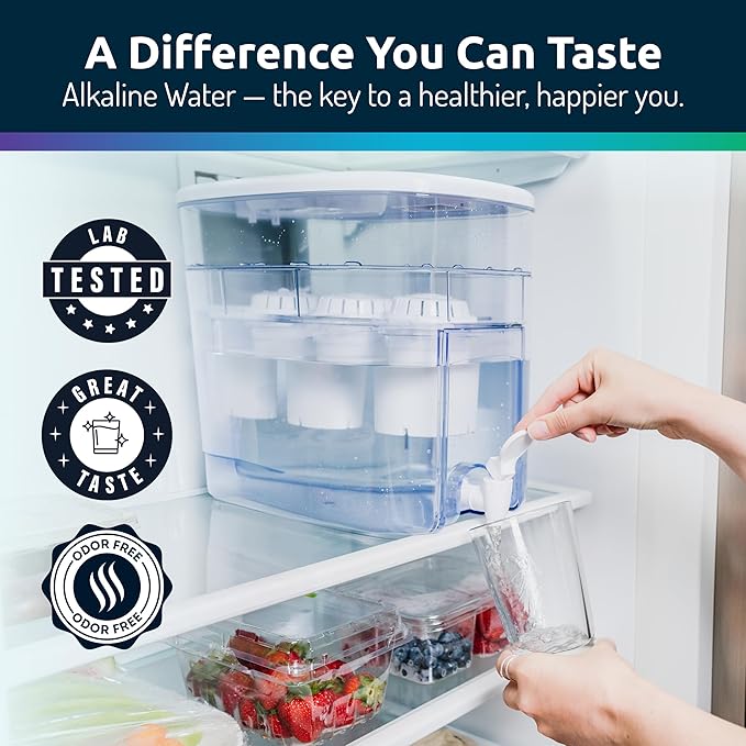 Invigorated Water - Alkaline Countertop Water Filter Dispenser, Large 52-Cup Capacity, Mineralized Alkaline Water, BPA-Free, 96 Gallons/Filter (White, 3 Filters Included)