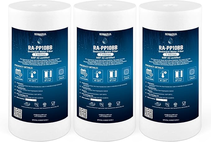 Ronaqua 10" x 4.5" Big Sediment Replacement Water Filter Cartridge, 1 Micron, NSF Certified, for Whole House, Compatible with RFC-BBSA, W15-PR, WFHD13001B, GXWH35F, HF45-10BLBK10PR and AP817, 3 Pack