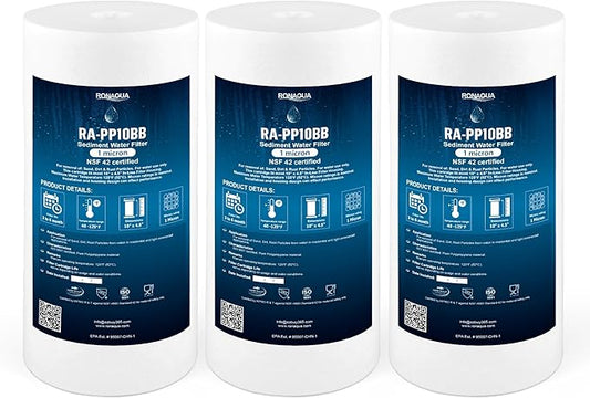 Ronaqua 10" x 4.5" Big Sediment Replacement Water Filter Cartridge, 1 Micron, NSF Certified, for Whole House, Compatible with RFC-BBSA, W15-PR, WFHD13001B, GXWH35F, HF45-10BLBK10PR and AP817, 3 Pack