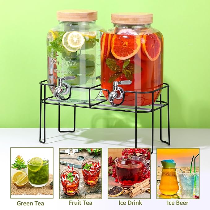 2 Pack 1 Gallon Glass Drink Dispenser with Bamboo Lid, Beverage Dispenser with Stand, Drink Machine for Lemonade, Iced Drinks Kombucha Dispenser