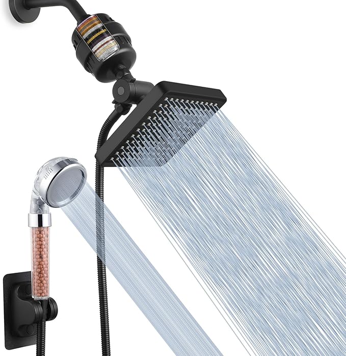 Voolan Filtered Shower Head Set, High Pressure Rain Shower with Handheld Showerhead Combo, Self-adhesive Holder/59" Hose, 20 Stage Filter Removes Chlorine and Harmful Substances (Square,Black)
