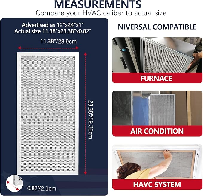 12x24x1 Electrostatic Air Filter, MERV 8 Reusable Aluminum AC/HVAC Furnace Filter,Washable Lifetime Permanent Air Filter,Easy to Clean,Increases Airflow(Actual Size:11.38x23.38x0.82)