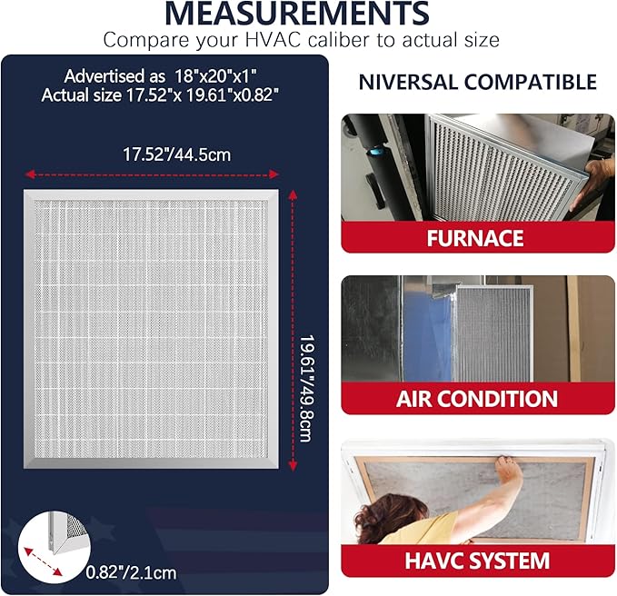 18x20x1 Electrostatic Air Filter, MERV 8 Reusable Aluminum AC/HVAC Furnace Filter Replacement,Washable Permanent Air Filter, Easy to Clean, Increases Airflow (Actual Size:17.52x19.61x0.82)
