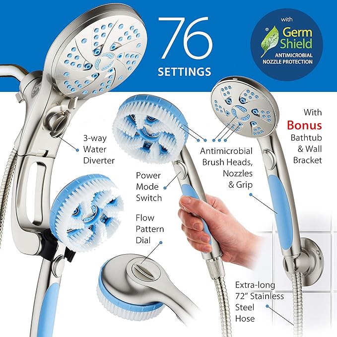AquaCare High Pressure 6-in-1 Aquassage - 76-mode 3-way Combo, Showerhead, Hand Shower, Body Brush, Hair Brush & Arm in One! Two Brackets, Extra-long 6 foot Stainless Steel Hose, Brush Head Holder