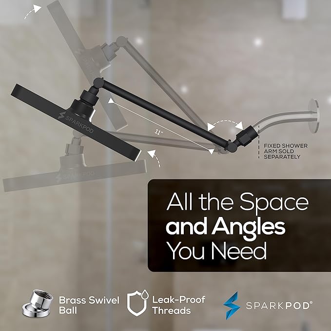 SparkPod Square Rain Shower Head with Shower Head Extension Arm - High Pressure Rain - Luxury Modern Look - No Hassle Tool-less 1-Min Installation (11" Shower Arm Extension, Midnight Black Matte)