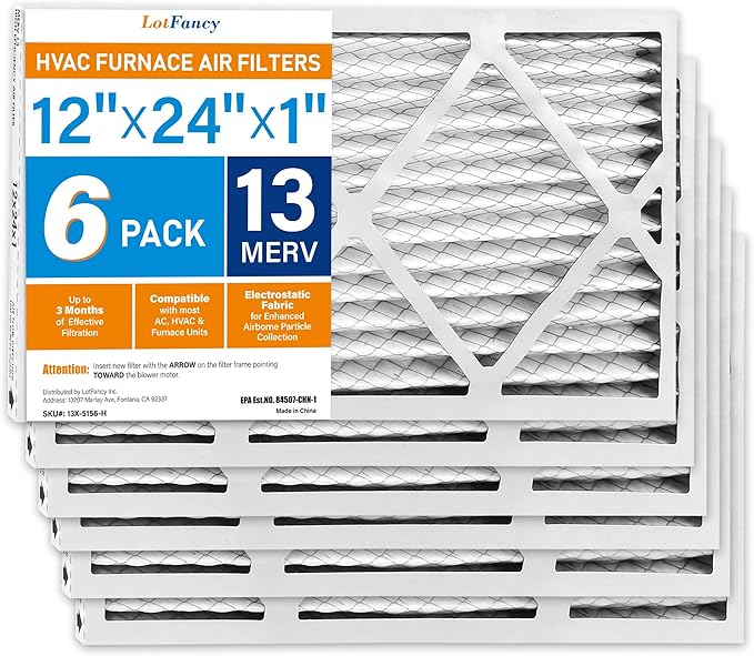 LotFancy 12x24x1 Air Filter MERV 13 Pet Smoke Smog Allergens Defense (6-Pack) Pleated HVAC Furnace Air Filters, Replacement for Home AC & Heating Systems, Actual Size: 11.75" x 23.75" x 0.75"