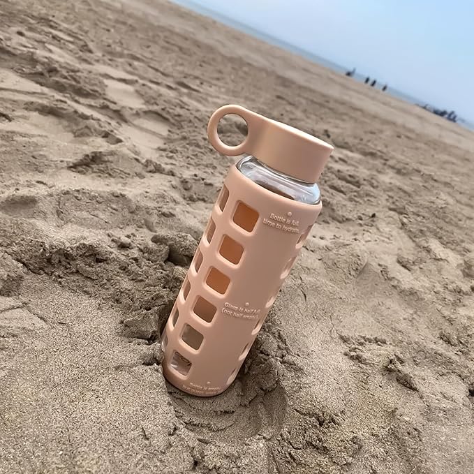 purifyou 40oz / 32oz / 22oz / 12oz Borosilicate Glass Water Bottle with Time & Volume Markers, Silicone Sleeve, Stainless Steel Lid | Reusable Glass Bottle for Water & Juice (12oz Hazelnut)