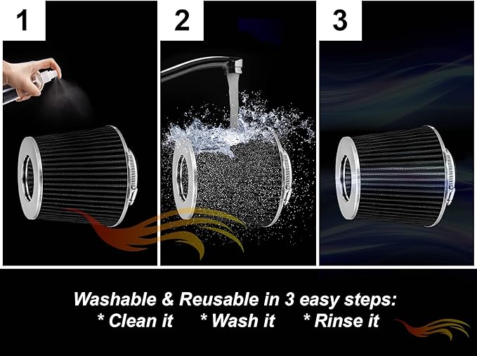 BLACK 3" 76 mm Inlet Cold Air Cone Replacement Performance Washable Clamp-On Dry Air Filter