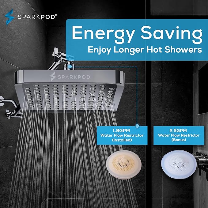 SparkPod Shower Head - High Pressure Rain - Premium Quality Luxury Design - 1-Min Install - Easy Clean Adjustable Replacement for Your Bathroom Shower Heads (Charcoal Grey, 6 Inch Square)