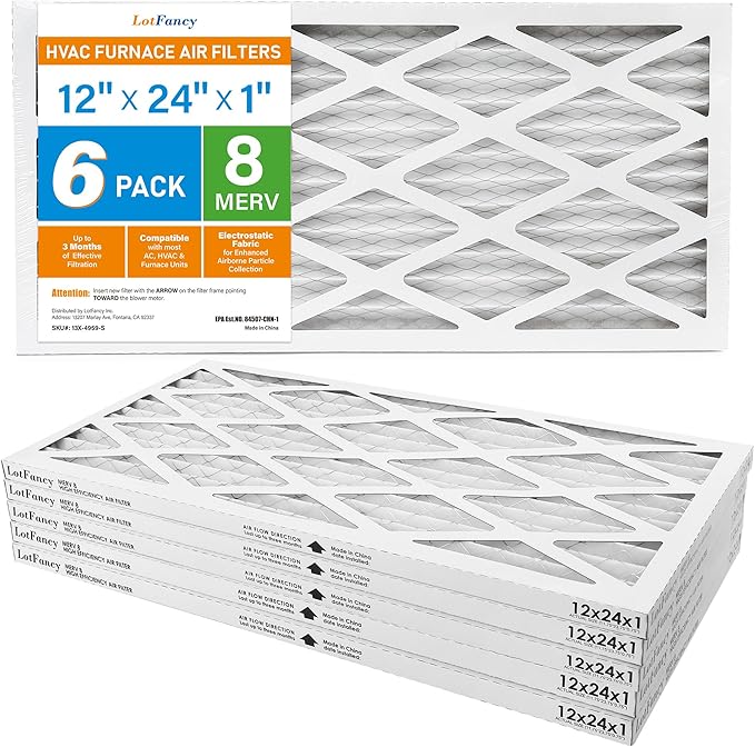 LotFancy 12x24x1 Air Filter MERV 8 Dust Defense (6-Pack) Pleated HVAC Furnace Air Filters, Replacement for Home AC & Heating Systems, Actual Size: 11.75" x 23.75" x 0.75"