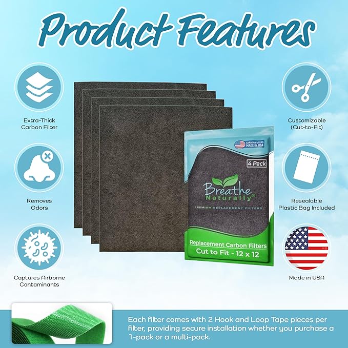 Breathe Naturally Universal Cut To Fit Carbon Activated Air Filter - Replacement Charcoal Filters - Pre Filter Carbon Sheet for Air Purifier, Vent Filters & More - Made in USA (Pack of 4, 12x12)