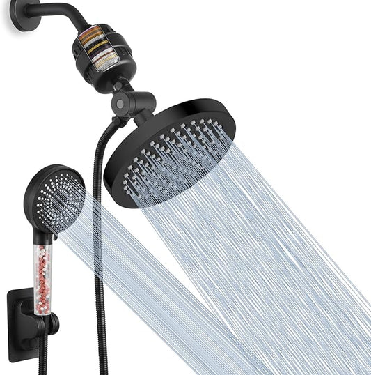 Voolan Filtered Shower Head Set, High Pressure Rain Shower with Handheld Showerhead Combo, Self-adhesive Holder/59" Hose, 20 Stage Filter Removes Chlorine and Harmful Substances (Round, Matte Black)
