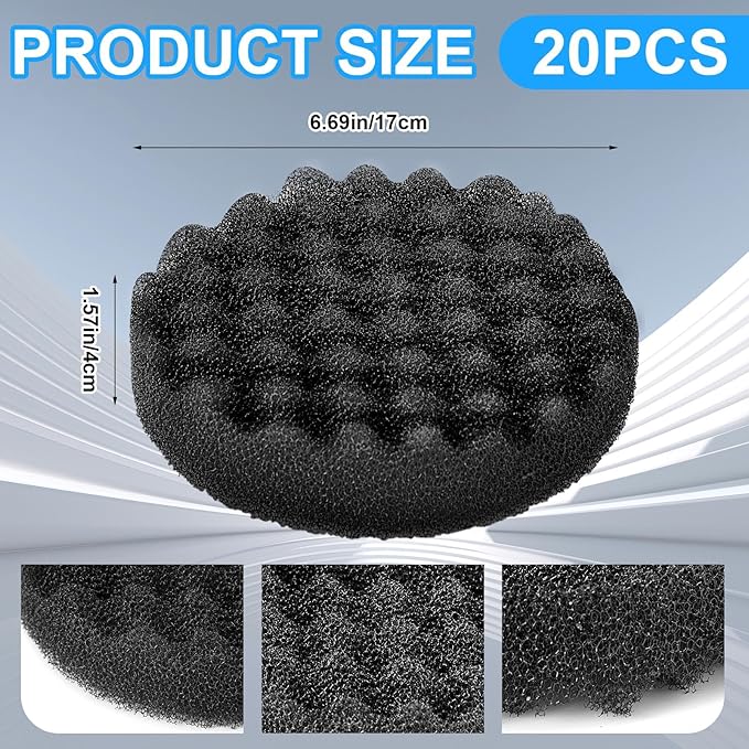 Uiifan 20 Pieces Bio Sponge Foam Pads Compatible with Fluval Fx4/ Fx5/ Fx6 Aquarium Filter Replacement Foam Pads Canister Filter Media Sponge Aquarium Accessories, 6.69 x 6.69 x 1.57 Inch, Black