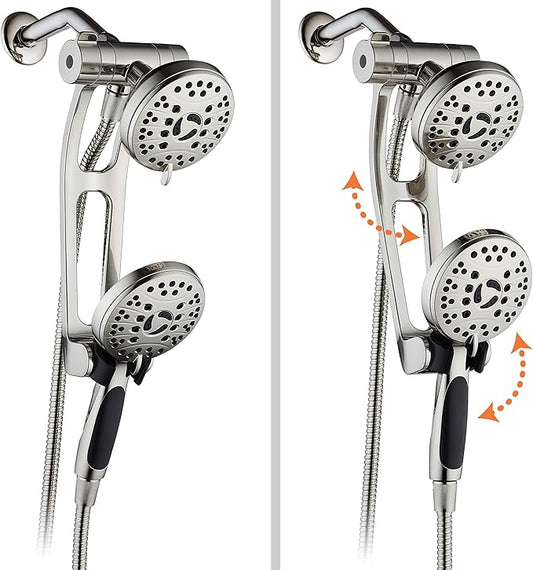 High Pressure 48-mode Luxury 3-way Combo with Adjustable Extension Arm – Dual Rain & Handheld Shower Head – Extra Long 6 Foot Stainless Steel Hose – All Brushed Nickel Finish – Top US Brand