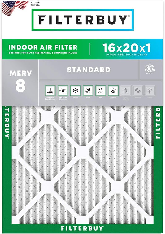 Filterbuy 16x20x1 Air Filter MERV 8 (MPR 700) Dust Defense Replacement (1-Pack), Electrostatic Pleated HVAC AC Furnace Filters, Made in USA (Actual Size: 15.50 x 19.50 x 0.75)