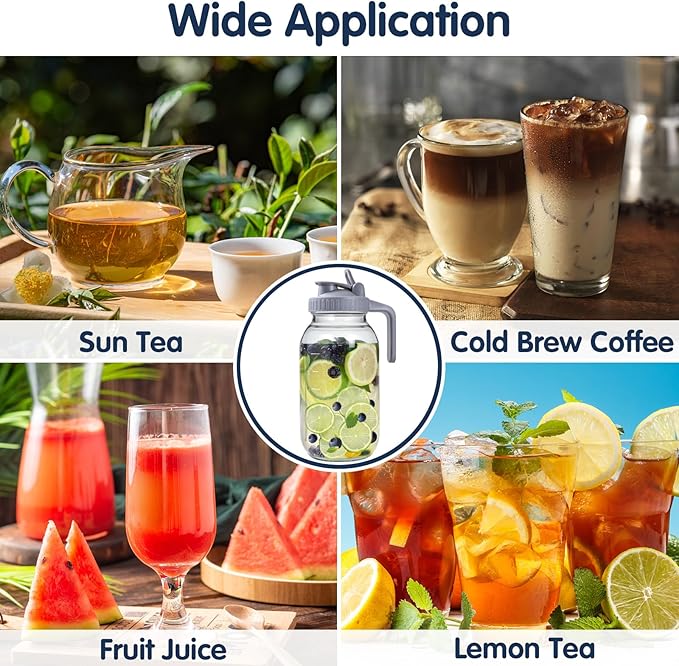 Glass Pitchers with Lid, Set of 2, 64OZ Leak-Proof Airtight Mason Jars, Wide Mouth Water Jugs for Cold Brew Coffee, Iced tea, Milk, Food Storage, Sun Tea Jar.