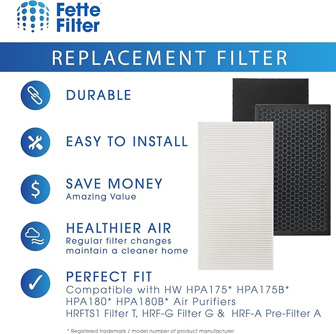Fette Filter - Replacement Air Purifier Filter Compatible with Honeywell HPA075 HPA075B HPA080 HPA080B Air Purifiers Contains HRFTS1 Filter T, HRF-G Filter G & HRF-A Pre-Filter A - Combo Pack