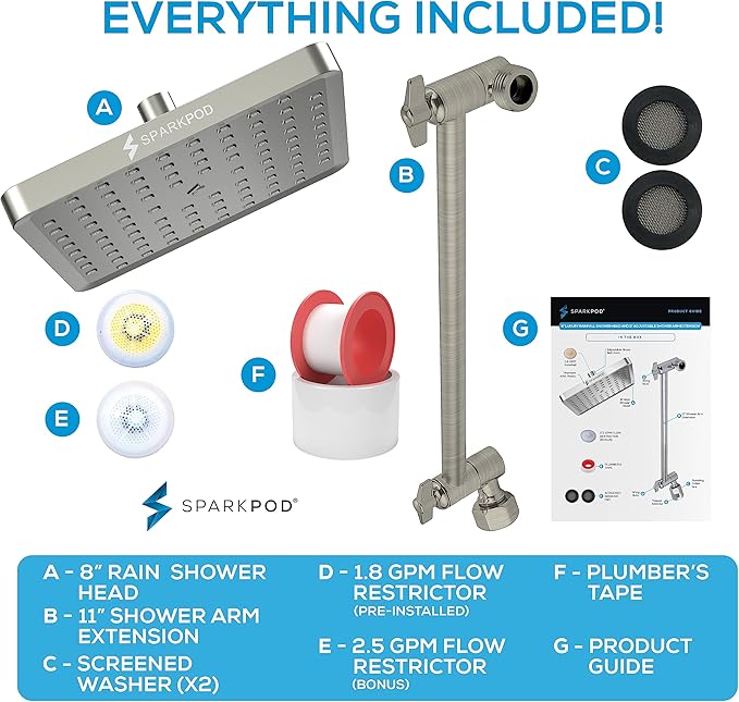 SparkPod Square Rain Shower Head with Shower Head Extension Arm - High Pressure Rain - Luxury Modern Look - No Hassle Tool-less 1-Min Installation (11" Shower Arm Extension, Elegant Brushed Nickel)