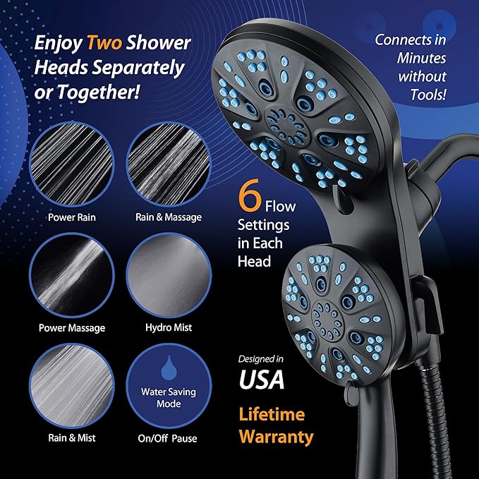 AquaCare Magneton High-Pressure 48-mode Luxury 3-way Combo System with Magnetic Guidance Docking, Giant Rain & Handheld Shower Head, Hygienic Jets and 6 ft. Stainless Steel Hose, Matte Black Finish