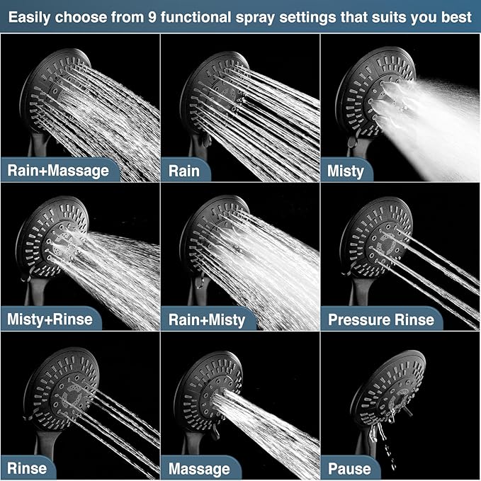 BRIGHT SHOWERS 9 Spray Settings Shower Head with Handheld High Pressure Oil-Rubbed Bronze Hand Held Showerhead with 60 Inch Stainless Steel Hose and Adjustable Overhead Bracket