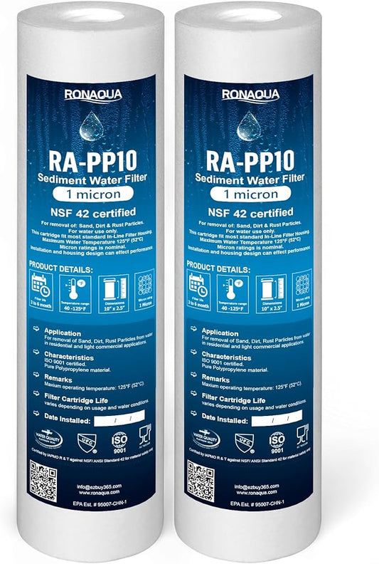 Ronaqua 1 Micron Sediment Water Filter Cartridge 10"x2.5", NSF Certified, 4-Layer Filtration for any 10-inch RO Units & Whole House Systems, Compatible with Culligan P5, AP110, WHKF-GD05, 2 Pack