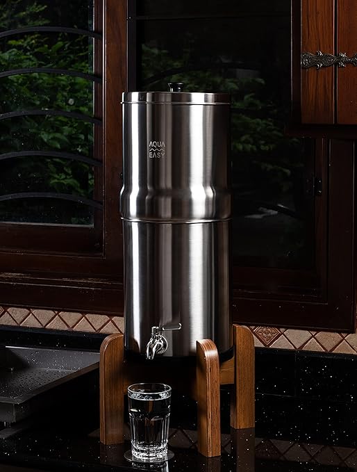 AquaEasy NSF/ANSI 372 Certified Stainless Steel Gravity Water Filter System (2.25 Gallon) 2X Activated Carbon Filter, Stainless Steel Tap and Wooden Stand | Countertop Water Filtration System (Matte)