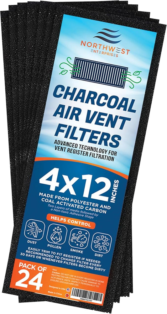 Activated Carbon Air Vent Filters for Home - 4" x 12" Dust Control Floor Vent Filters - Air Filter Freshener for Home Vents to Purify Indoor Air and Homes - Register Filters for Floor Vents (24-Pack)