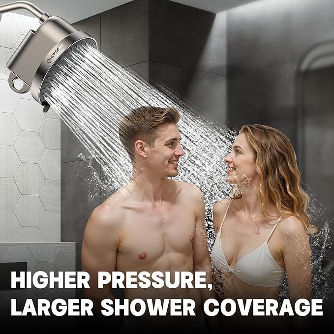 High Flow Filtered Shower Head, HOPOPRO 5 Modes High Pressure Fixed Showerhead with Filter, 2-In-1 Shower Head Filter for Hard Water, Remove 99% Chlorine, Improves Skin Hair Condition (6 Inch Brushed)