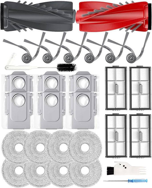 Replacement Parts Kit for Roborock SAROS 10R/ Qrevo CurvX Robot Vacuum - 29pc Maintenance Bundle: 2 Roller Brushes, 6 Side Brushes, 4 Filters, 8 Mop Pads, 6 Dust Bags| OEM Compatible & Precision Fit