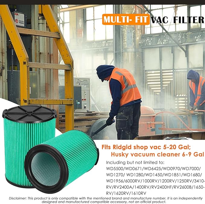 VF6000 Replacement Filter for Ridgid Shop Vacuums 5-20 Gallon, Universal VF6000 Filter Fits Rigid Wet Dry Vac/Husky Shop Vacuum Filter 6-9 Gallon with Foam Sleeves- 2 Pack