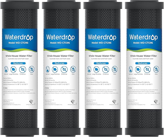Waterdrop 2.5" x 10" Whole House CTO Carbon Water Filter Cartridge, 1 Micron Carbon Sediment Water Filter Replacement for DuPont® WFPFC8002, Culligan® D-10A, CBC-10, GE® FXWTC, GXWH20T, Pack of 4