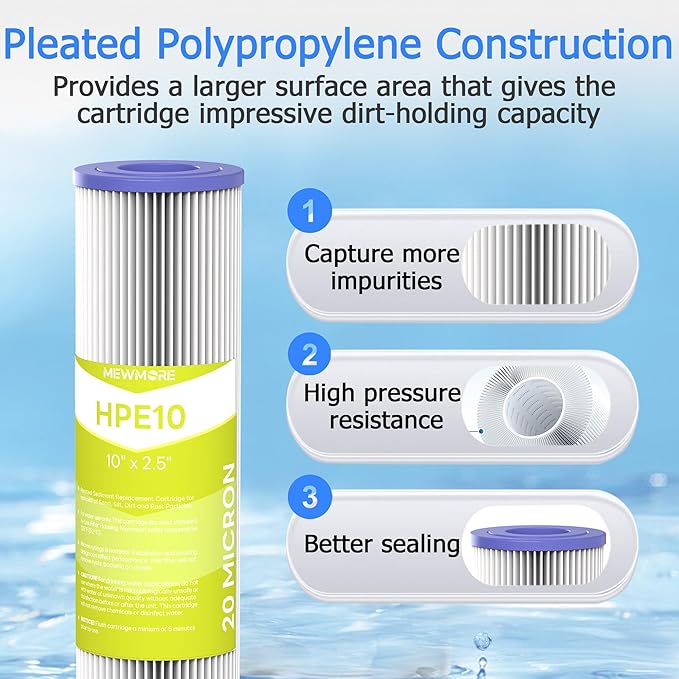 20 Micron Whole House Water Filter Cartridge, Pleated Sediment Filters for Well Water, Universal Replacement for Any 10 inch RO Unit - 10" x 2.5" Cartridges - Pack of 6
