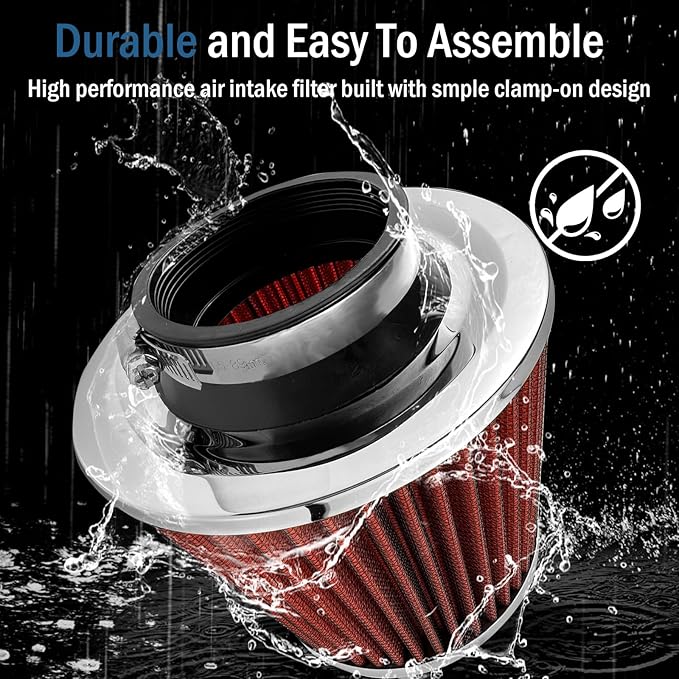 Cold Air Intake Filter,Universal Clamp-On Air Intake Filter, High Performance, Washable Filter, Replacement Air Filter, Flange Diameter 3inch/76mm (Red)