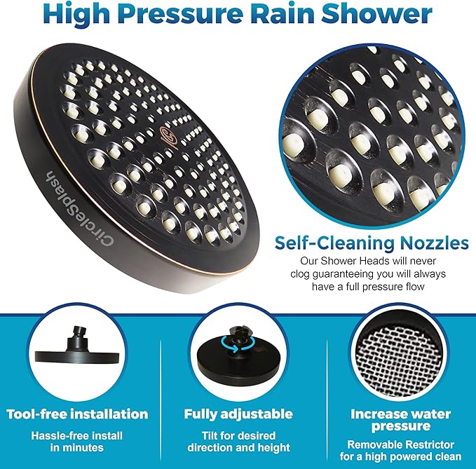 High Pressure Shower Head - Anti-Clogging Silicone Nozzles - 2.5 GPM Removable Restrictor - Easy Clean Adjustable Replacement - easy to install with Plumbers Tape - 6 inch - Oil Rubbed Bronze Finish