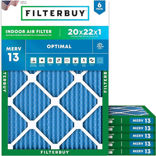 Filterbuy 20x22x1 Air Filter MERV 13 (MPR 1900) Health Defense Replacement (6-Pack), Electrostatic Pleated HVAC AC Furnace Filters, Made in USA (Actual Size: 19.50 x 21.50 x 0.75)