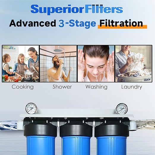 Superior Three (3) Stage Water Filter System 20" H X 4.5" NSF Certified 3 Filter Set | Whole House Water Filter System | with 3 Filters for Clean Drinking Water | 2 Pressure guages | Fully Assembled