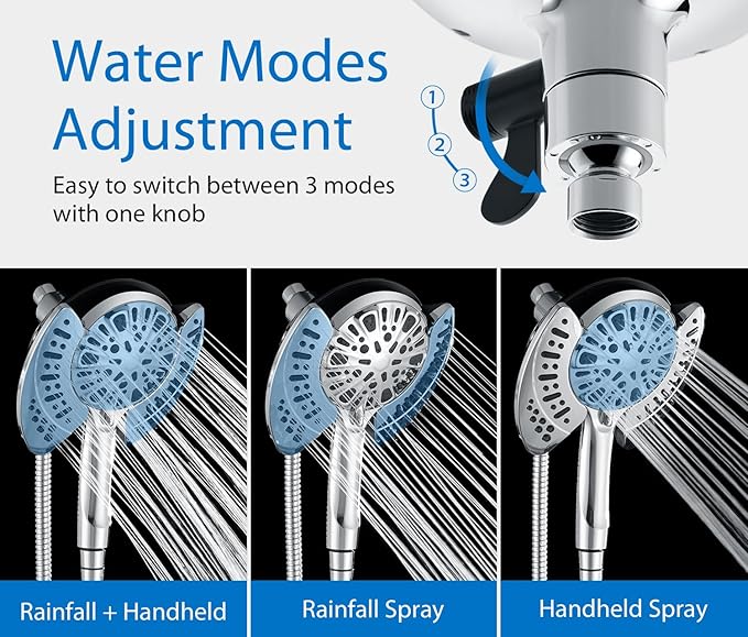 2-in-1 Shower Head with Handheld Combo: 2.5GPM Rainfall Shower Head & Handheld Shower Head Use Together or Alone, 9 Spray Settings Hand Held Shower Head with Hose, Shower Trim Systems