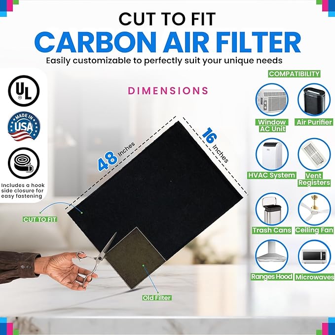 Cut to Fit Activated Carbon Filter Sheet 16” x 48” - Activated Carbon Air Filter for Air Purifiers Window AC Air Vent And More - Charcoal Filters Effectively Remove Odors & Freshens the Air (1-Pack)