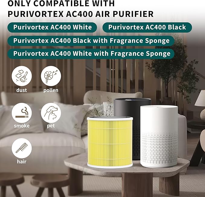 4 Packs AC400 Pet Care Replacement Filters Compatible with Purivortex AC400 Air Cleaner Purifier, with Main Filter and Activated Carbon Filter, Yellow
