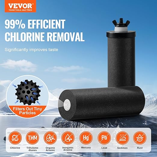 VEVOR Gravity-fed Water Filter System, 2.25G 304 Stainless-Steel Countertop Water Filtration System, Reduces Lead and up to 99% of Chlorine, with 2 Carbon Filters/Spigot/Stand, for Home Camping RV