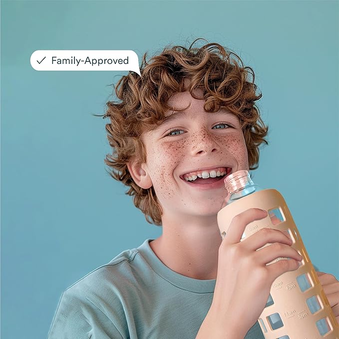 purifyou 40oz / 32oz / 22oz / 12oz Borosilicate Glass Water Bottle with Time & Volume Markers, Silicone Sleeve, Stainless Steel Lid | Reusable Glass Bottle for Water & Juice (40oz Hazelnut)