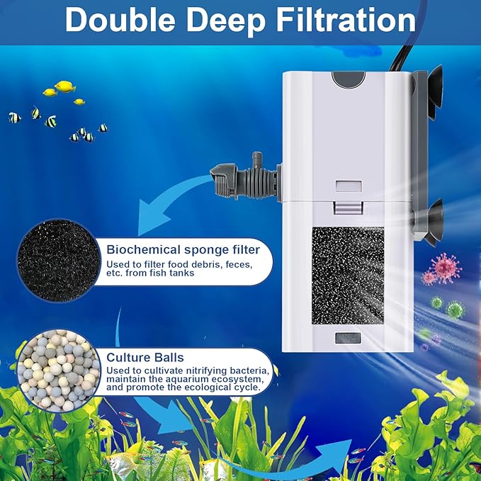 132 GPH 4-in-1 Aquarium Filter, 10-40 Gallon Fish Tank Filters Filtration and Oxygenation, Filter for Fish Tank with Biochemical Cotton, Ceramic Beads, Multi-Functional Turtle Tank Filter(7 W)