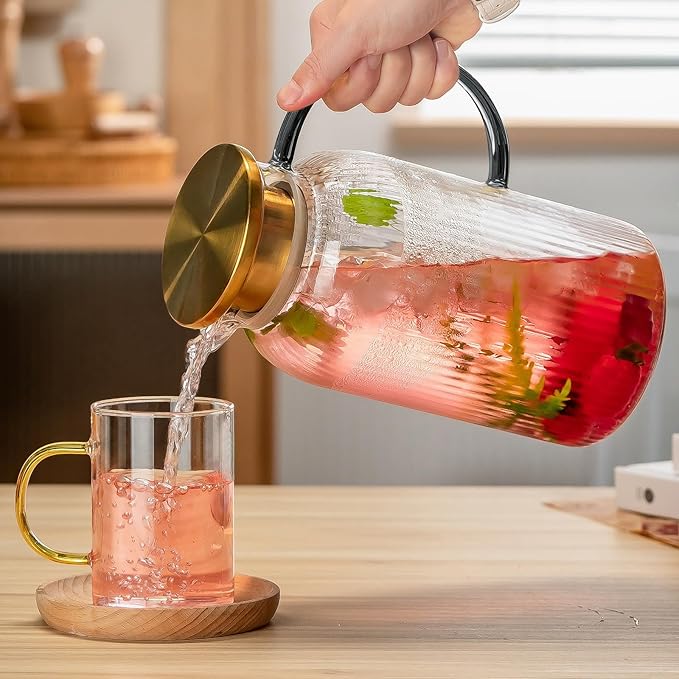 2 PACK Glass Pitcher with Lid,68 oz/ 2 Liter Vertical Stripes Water Pitcher With Black Handle,Glass Water Carafe for Cold Brew,Coffee, Lemonade, Iced Sun Tea,Beverage, Milk Heat Resistant
