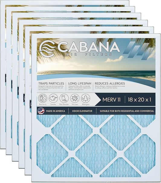 Cabana Filters 18x20x1 AC Furnace Air Filter, Merv 11 Capture Unwanted Particles, Pleated Furnace Filter HVAC AC Filters - Made in the USA - 6 Pack