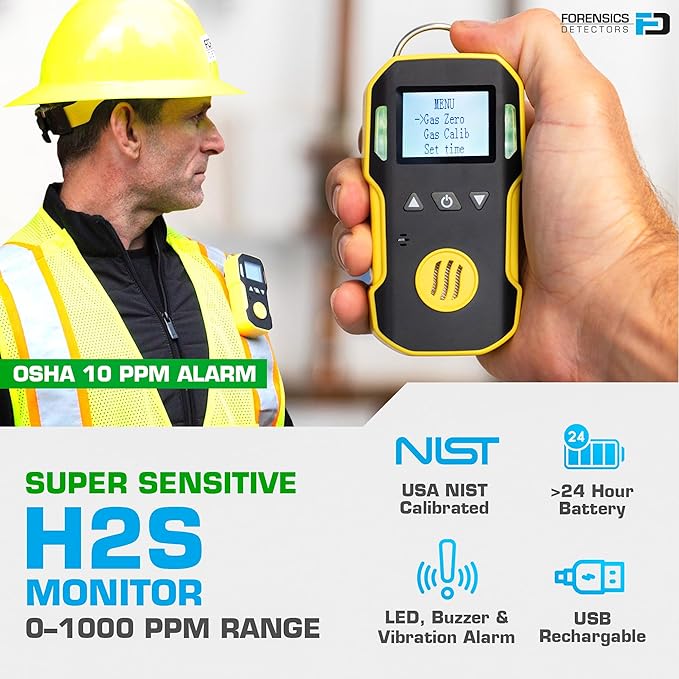 H2S Monitor by Forensics | USA NIST Calibration & Certificate | Dust & Explosion Proof | USB Recharge | Sound, Light and Vibration Alarms | 0-100ppm H2S |
